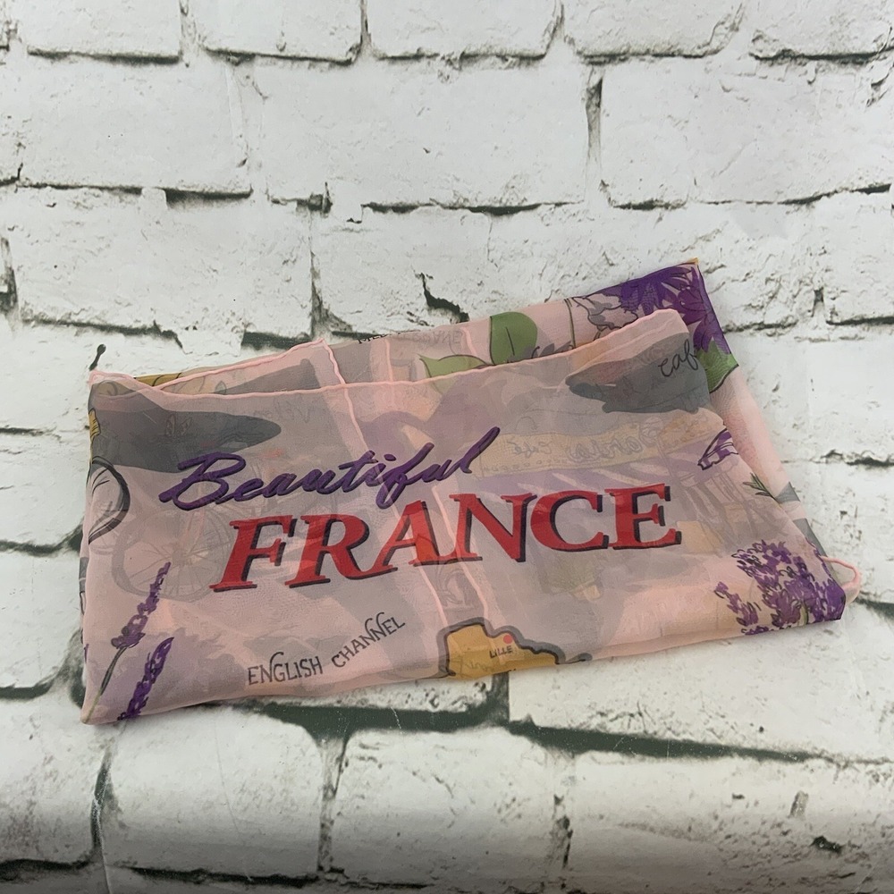 Vintage Tarnish‎ Beautiful France Scarf Pink Scene Square 25" Sheer Handkerchief